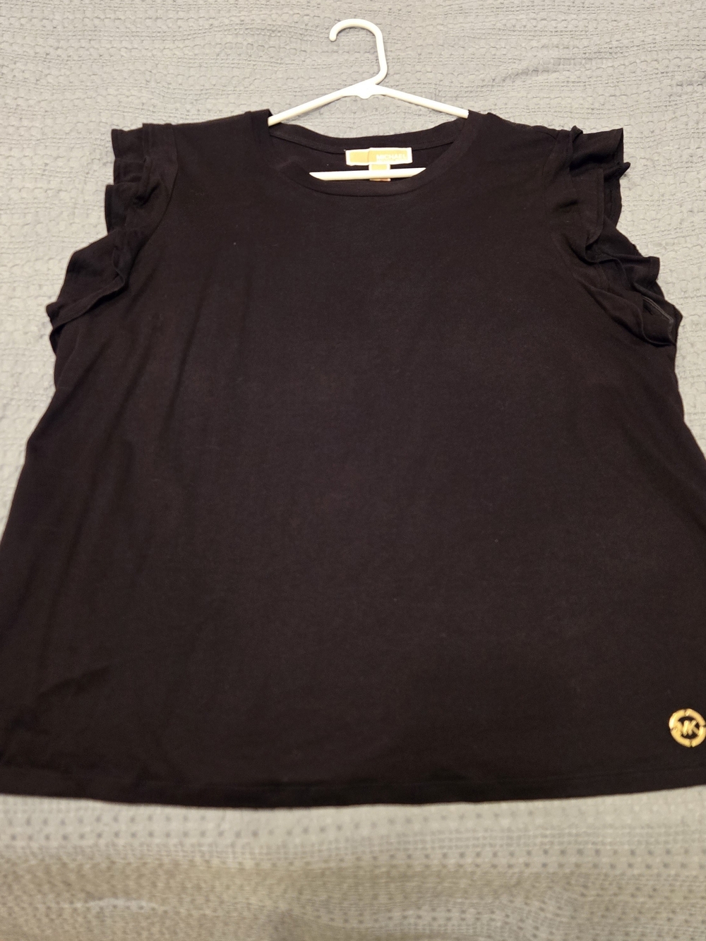 Michael Kors Black Ruffle Sleeve Crewneck Tee with Gold Logo